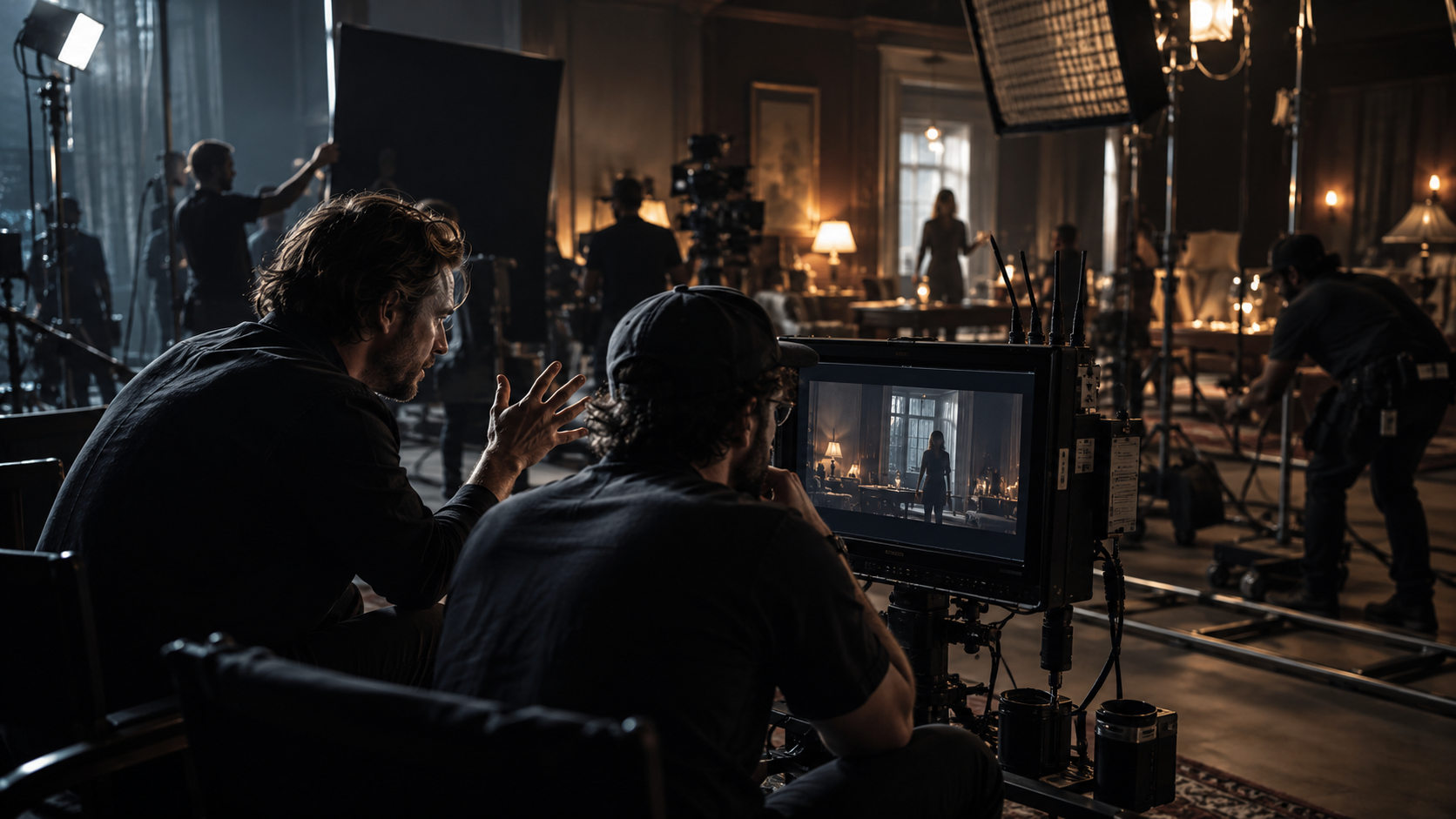 Film crew working around camera carts on a dramatic interior set
