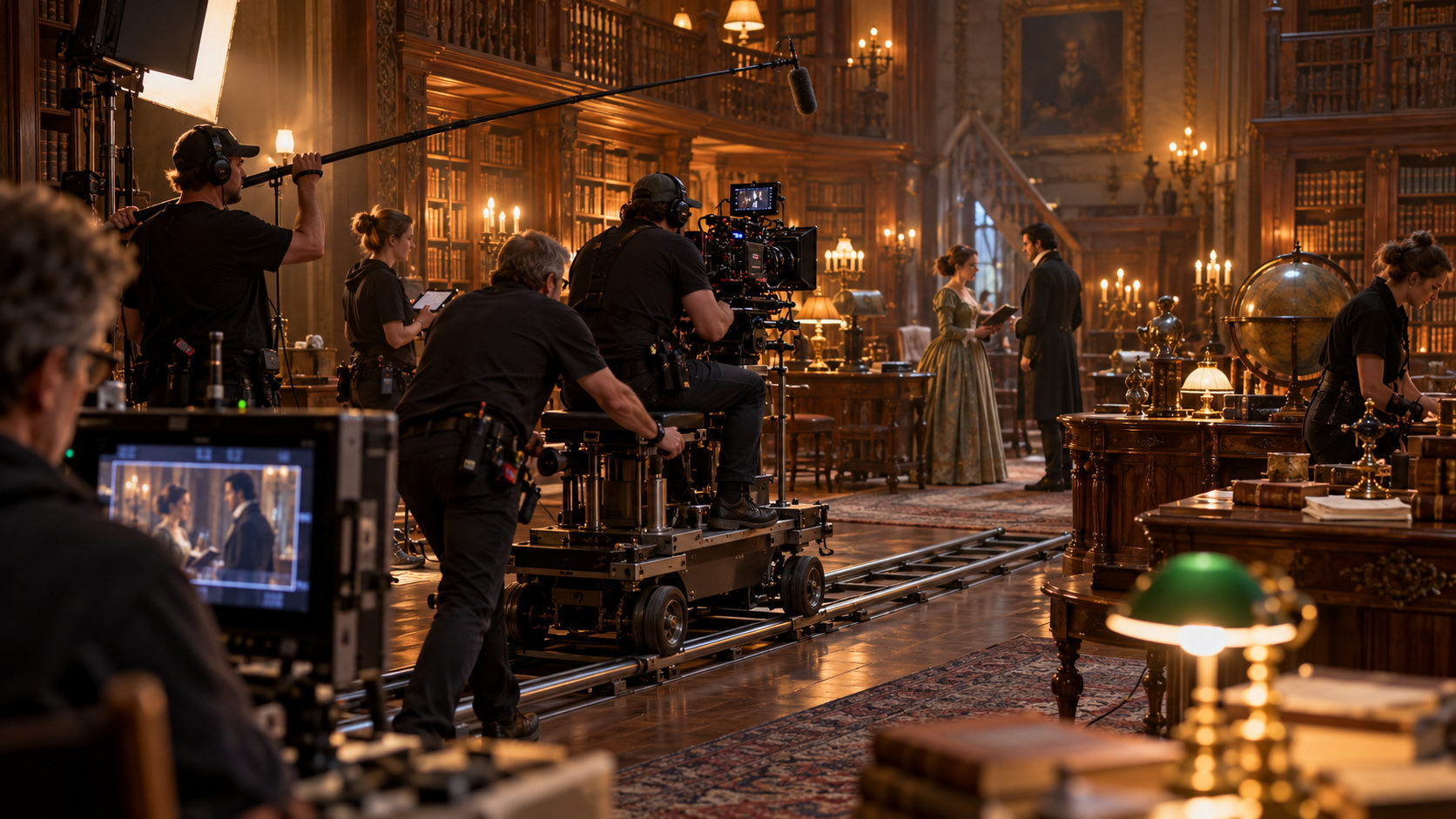 Film crew shooting a period drama in an ornate library