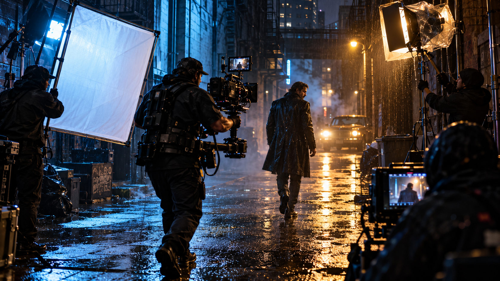 Night shoot in a neon-lit rain-soaked alley with full film crew