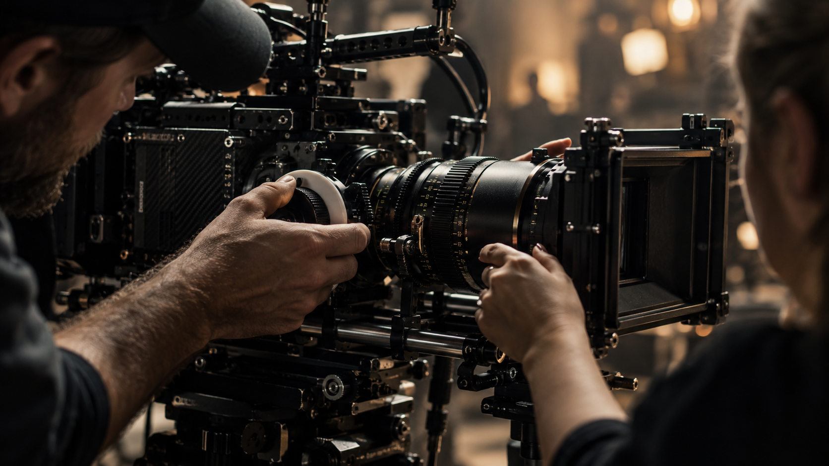 Close-up of a professional motion picture camera rig