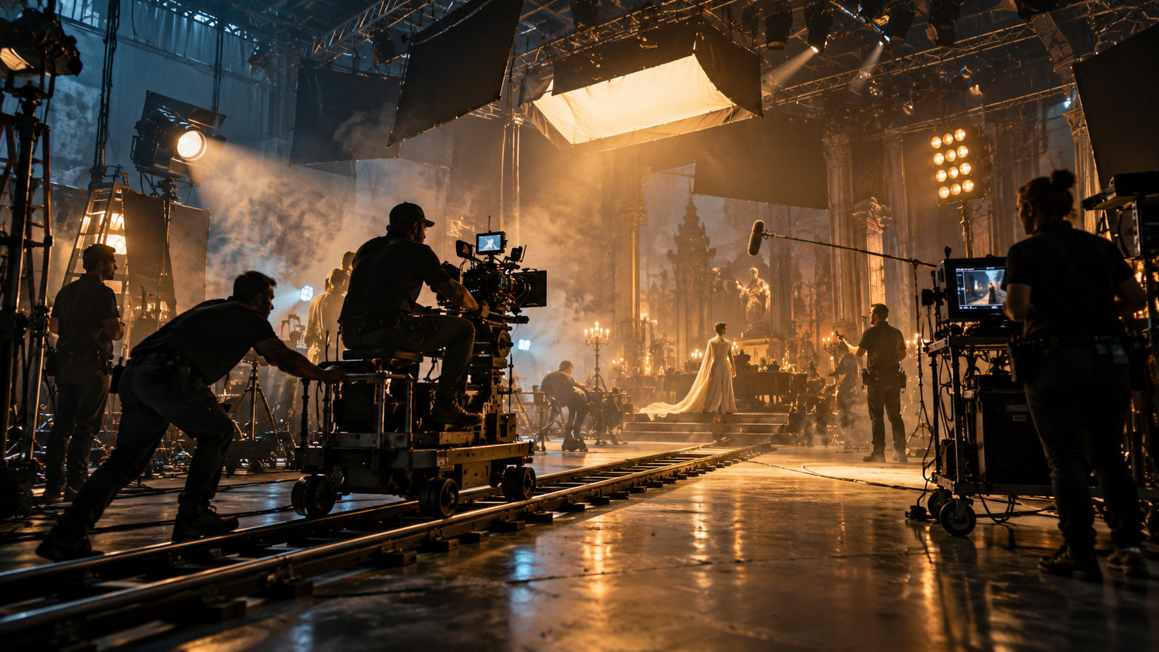 Film crew filming on a large atmospheric soundstage
