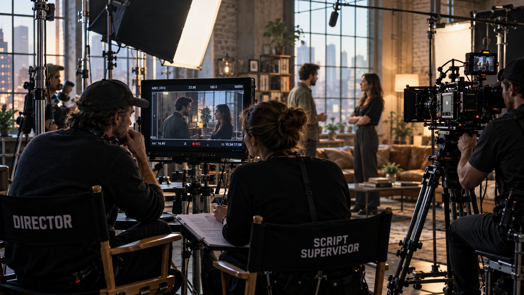 Film director and crew reviewing a scene on a loft set