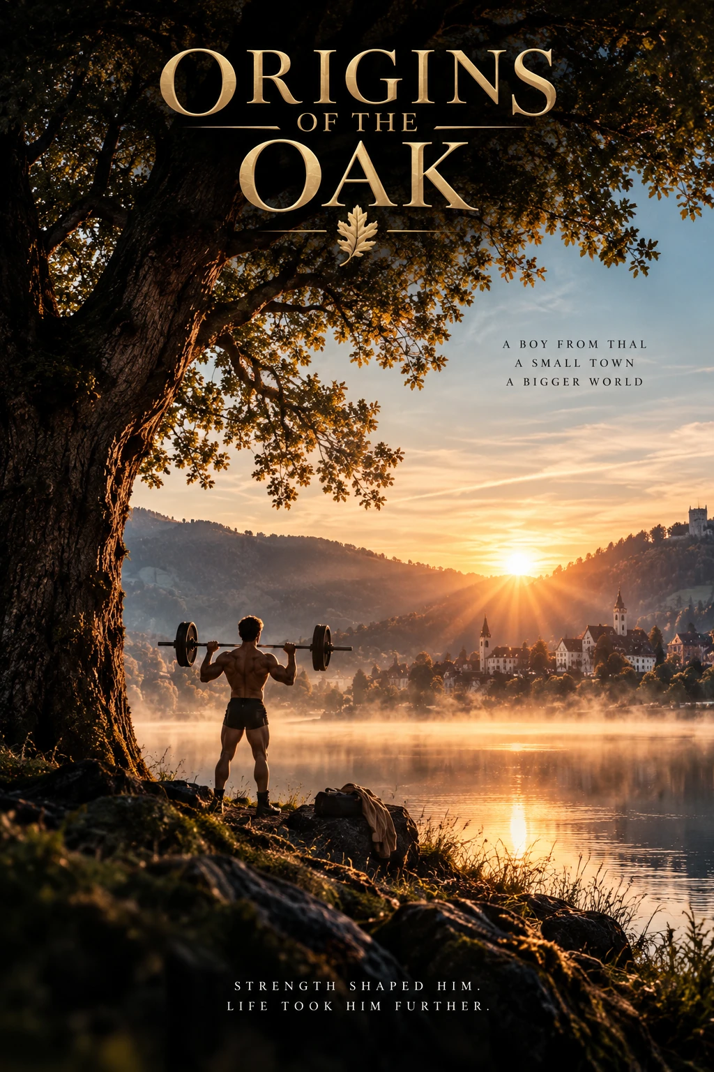 Origins of the Oak concept poster: a young weightlifter seen from behind at sunrise beside Thalersee in Austria beneath an oak tree