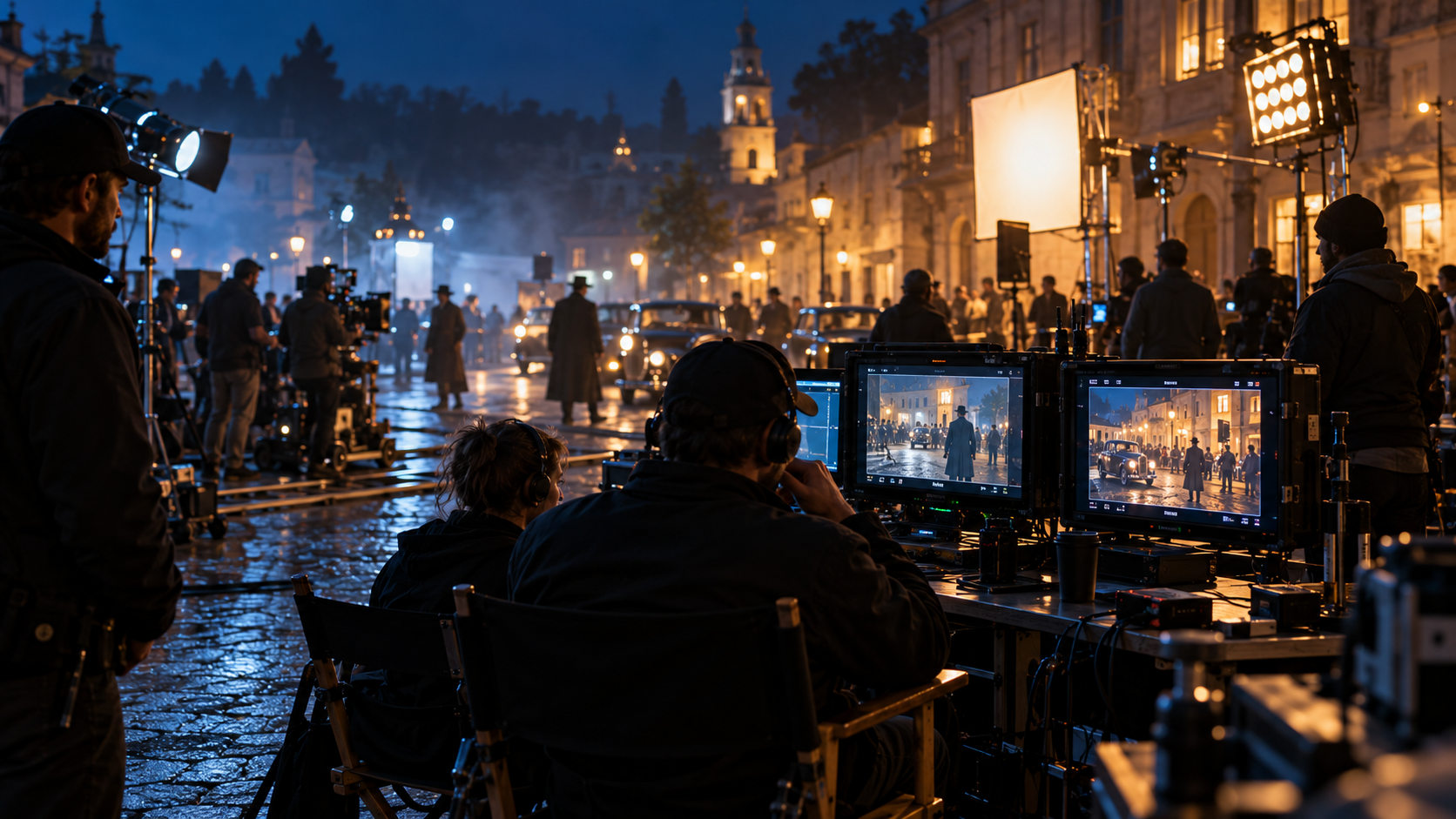 Night film shoot with crew, camera dolly and city lights