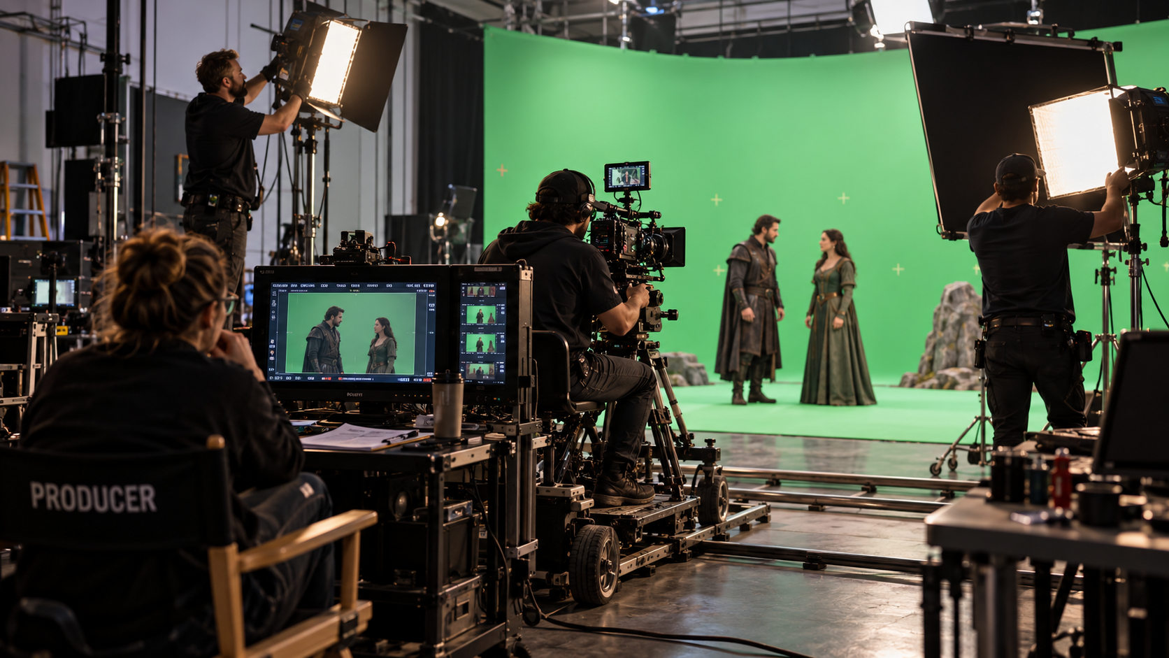 Film crew shooting a scene on a green-screen stage