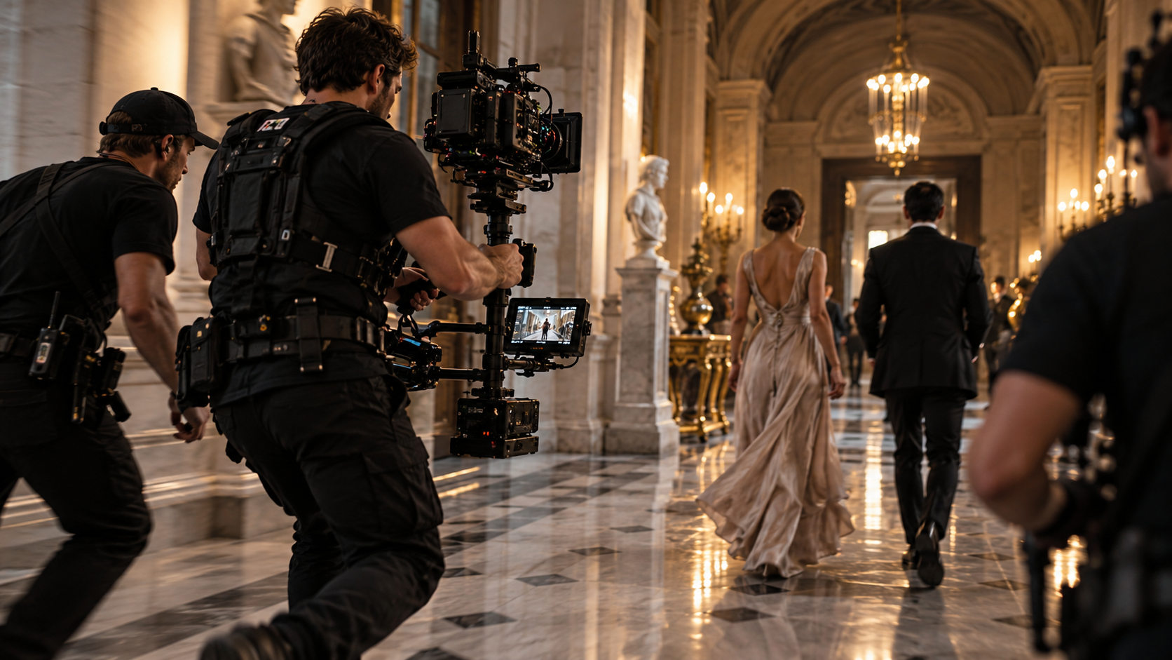 Steadicam crew capturing a scene in a grand hall