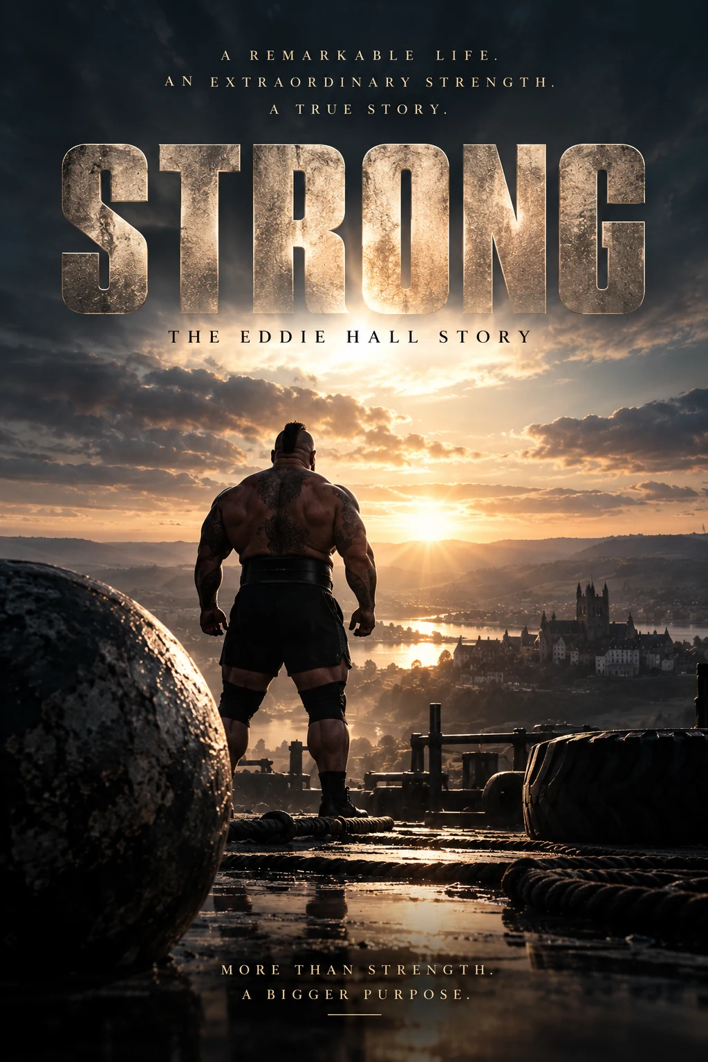 STRONG concept movie poster, showing a powerful strongman from behind against the dawn, with atlas stone and training equipment