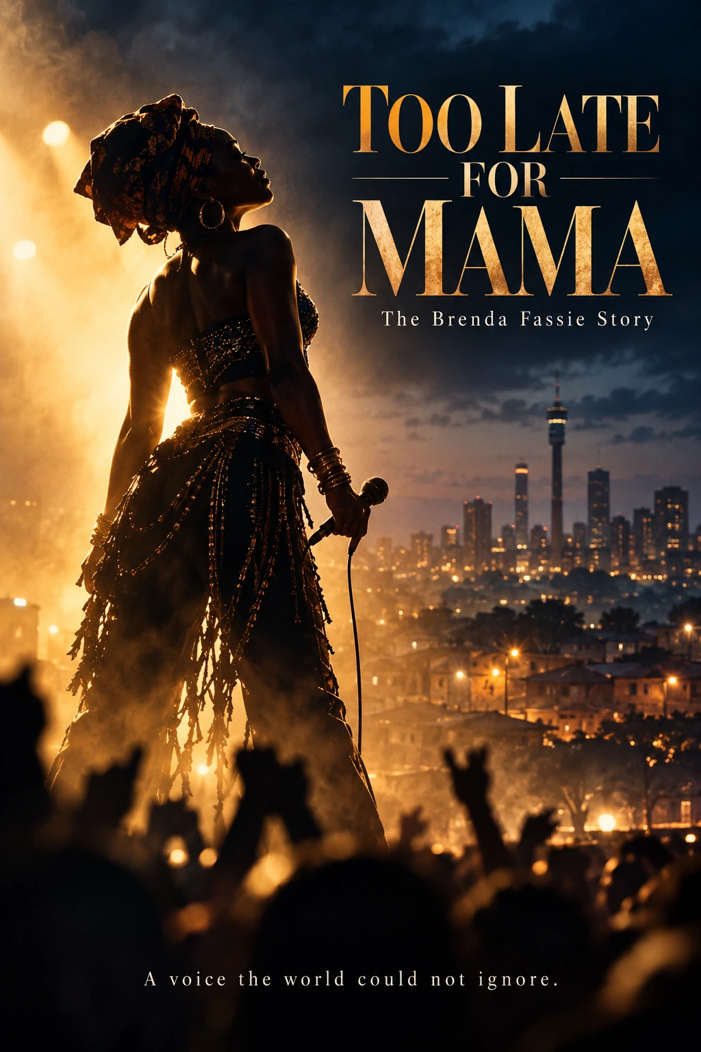 Too Late For Mama concept movie poster showing a powerful female performer in silhouette on stage against city lights